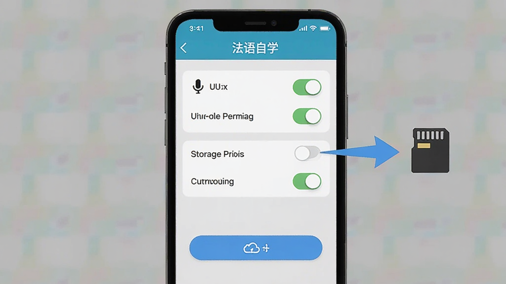 一部手机显示法语自学应用的设置界面,主体是屏幕上的权限开关和存储迁移选项,布局为手机居中、旁边有箭头指向存储卡图标,风格为扁平化科技风,细节包括麦克风权限图标、护眼模式开关、云同步按钮,画质高清干净,画面中文字为