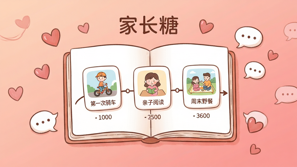 一幅展示“家长糖”亲子互动记录功能的插画,画面中央是一本翻开的电子相册,相册页面上显示时间轴,时间轴上分布着“第一次骑车”“亲子阅读”“周末野餐”等记录卡片,每张卡片配有简笔小插图,相册周围散落着爱心和对话气泡,布局采用居中对称式,相册居中,爱心与气泡环绕四周,排版温馨有序,风格为柔和手绘风,细节上时间轴线条流畅,卡片圆角柔和,背景为暖粉色渐变,画质高清,画面干净,无多余元素
