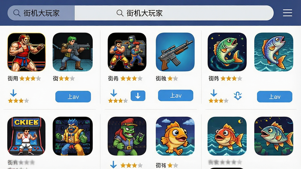 一张展示手机应用商店界面的图片,界面中排列着多款街机游戏图标,包括格斗、射击、捕鱼类游戏,顶部搜索栏显示