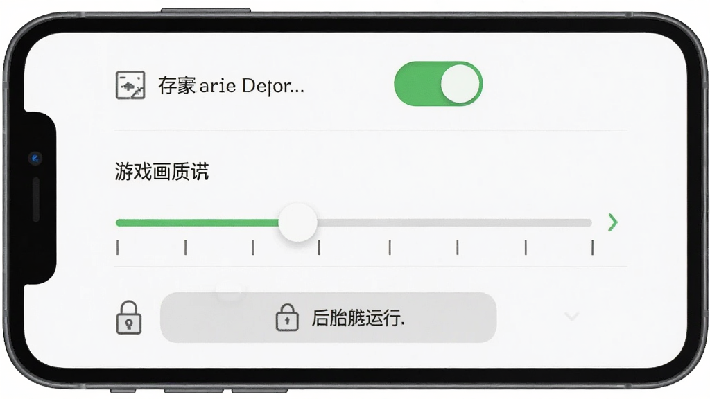 一张展示手机屏幕上街机大玩家应用设置界面的图片,界面中包含存储权限开关、游戏画质调节滑块、后台运行锁定按钮,布局为纵向设置列表,风格为简洁扁平化UI,细节包括开关绿色高亮、滑块刻度、图标线条,画质清晰干净无多余元素