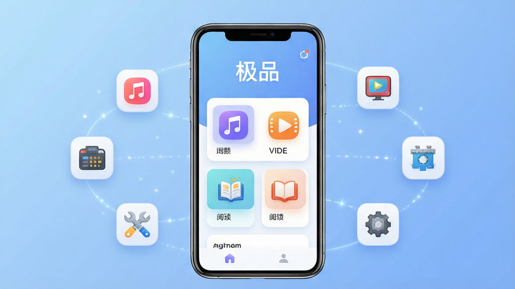 一张展示“极品”软件主界面的概念图,画面中央是一部智能手机,屏幕显示简洁的卡片式布局,上方有“极品”二字,周围环绕着代表各类精品资源的小图标,如音乐、视频、阅读、工具等,背景为柔和的渐变蓝色,整体风格现代、干净、科技感强,构图居中,画质清晰,无多余元素。