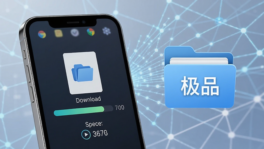 一张AI生成的图片,画面展示一部手机正在下载文件,屏幕上有进度条和速度显示,手机旁边有一个虚拟的文件夹图标,文件夹上写着“极品”,背景是抽象的网络线条,风格简洁明快,构图将手机放在左侧,文件夹在右侧,画质清晰,无多余装饰。