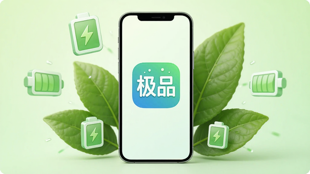 一张AI生成的图片,画面中央是一部手机,手机周围环绕着绿色的树叶和电池图标,象征省电与轻量,手机屏幕上显示“极品”软件的图标,背景为浅绿色渐变,风格清新自然,构图将手机放在正中间,四周元素对称分布,画质柔和,干净整洁。