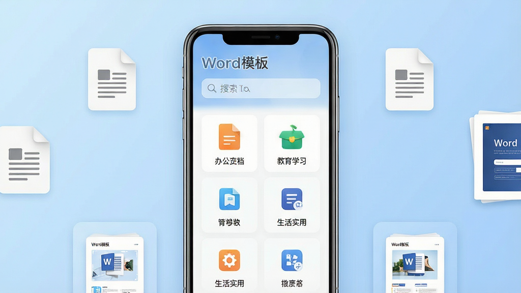 一张展示手机屏幕内Word模板应用主界面的图片,画面中央是手机竖屏,屏幕上显示“Word模板”应用首页,顶部有搜索框,下方是办公文档、教育学习、生活实用等分类图标,界面风格简洁清新,背景为浅蓝色渐变,手机周围散落着几个文档图标和模板缩略图,整体布局居中对称,风格现代简约,细节清晰,画质干净,无多余元素