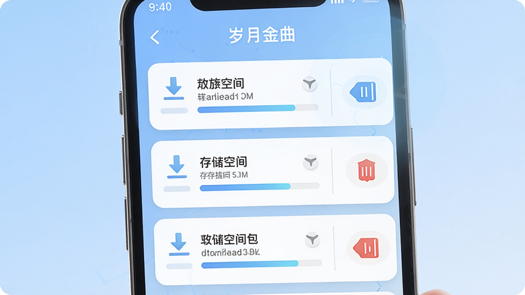 ����չʾ�����½�����APP�����ع������棬����Ϊ�ֻ���Ļ�ڶ��������������������ֲ��ÿ�Ƭʽ���У��Ű��η��������Ϊ����ǳɫ�Ƽ��磬ϸ�ڰ������ؼ�ͷͼ�ꡢ�洢�ռ���ʾ��ɾ����ť������Ϊ����ɫ���䣬���ʸ��壬�ɾ����޶���Ԫ��