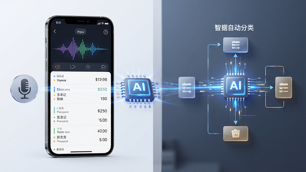 易企记智能记账功能展示图,画面主体是一部手机,屏幕中显示语音输入波形和自动生成的账目列表,旁边有麦克风图标和发光的AI芯片图案。布局采用左右分栏,左侧为手机界面,右侧为数据自动分类的流程示意图。风格为科技感写实风,细节上突出语音波纹的动感和数据流转的光线,画质清晰锐利,干净无多余元素。