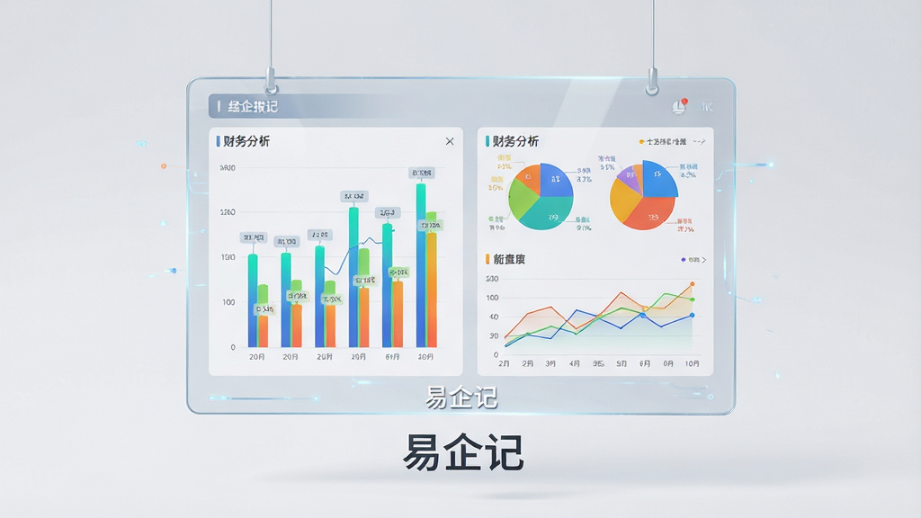 易企记经营报表功能展示图,画面中央是一块悬浮的透明屏幕,屏幕中显示柱状图、饼图和折线图组成的财务分析看板,屏幕下方有“易企记”字样。布局采用居中构图,风格为数据可视化科技风,细节上图表色彩鲜明,数据标签清晰可见,画质为4K高清,背景为干净的浅灰色。