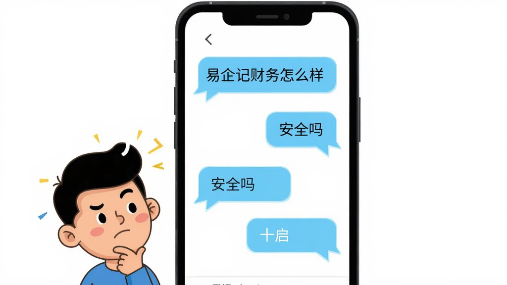 易企记用户问答场景图,画面展示一部手机屏幕中显示问答对话框,对话框内有“易企记财务怎么样”“安全吗”等文字气泡,手机旁边有一个卡通人物头像正在思考。布局为手机居中,人物在左下角,风格为扁平化插画风,细节上气泡有浅蓝色描边,人物表情生动,画质为高清,背景干净无多余元素。