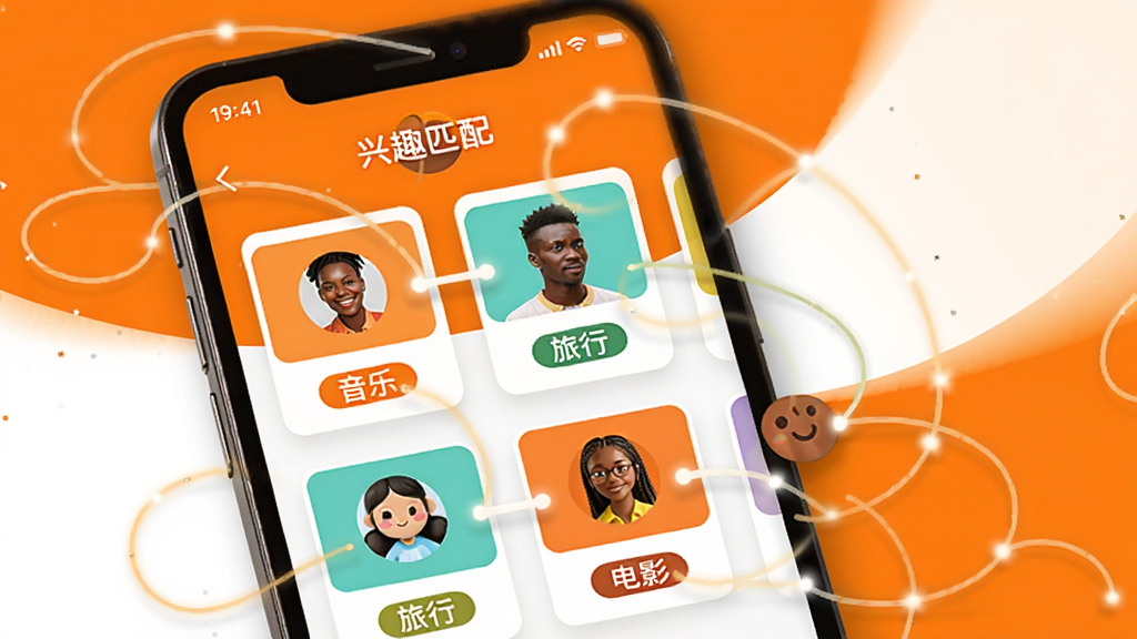 GuluLoop应用内兴趣匹配功能示意图,画面中一部手机屏幕显示着“兴趣匹配”页面,有多个用户卡片和标签如音乐、旅行、电影,卡片之间有连接线表示匹配成功,背景是明亮的橙色与白色,风格活泼,画质清晰,干净无多余元素