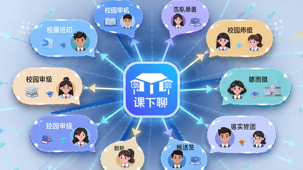 课下聊校园圈子匹配功能展示,画面以“课下聊”应用图标为中心,向外辐射出多个校园圈子气泡,气泡内显示不同班级名称与同学头像,布局采用放射状思维导图样式,风格为现代科技感插画,细节突出连接线与匹配箭头,画质清晰,干净,无多余元素