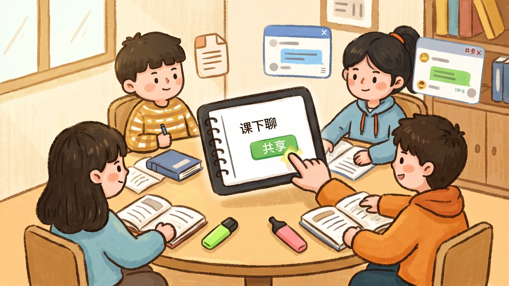 课下聊学习小组笔记共享场景,画面中几位学生模样的卡通人物围坐在虚拟圆桌旁,桌上悬浮着电子笔记本与文件图标,其中一人正在点击“课下聊”界面中的共享按钮,布局为室内学习场景,风格为温暖手绘风,细节包含书本、荧光笔与聊天窗口,画质细腻,干净,无多余元素