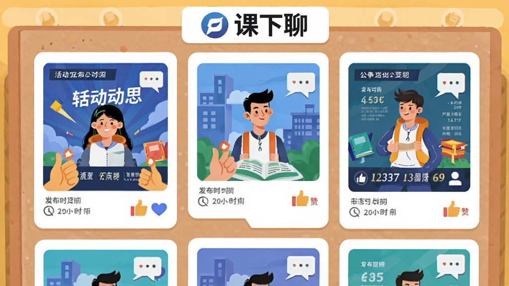 课下聊校园动态发布界面,画面展示一个公告板样式的信息流,每条动态带有活动海报与发布时间,顶部有“课下聊”标志,布局为瀑布流卡片式,风格为明亮活泼的扁平插画,细节包含点赞手势与评论气泡,画质清晰,干净,无多余元素