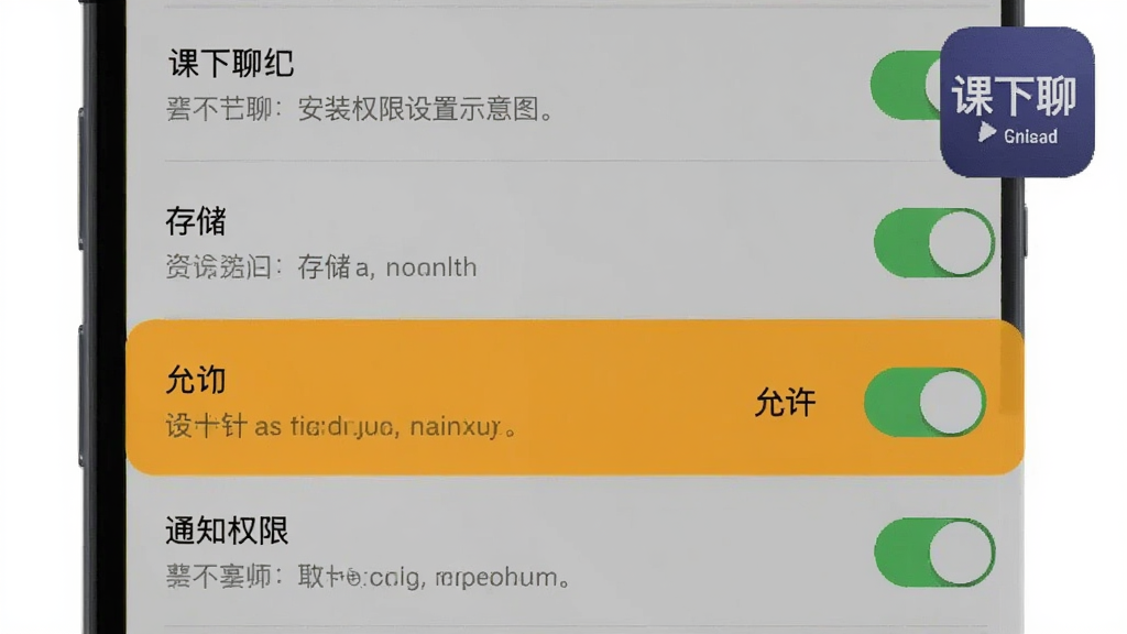 课下聊安装权限设置示意图,画面为手机屏幕截图风格,展示应用权限管理页面,其中存储与通知权限被高亮标注为“允许”,旁边有“课下聊”图标,布局为设置列表纵向排列,风格为扁平化UI图解,细节包含开关按钮与提示文字,画质清晰,干净,无多余元素