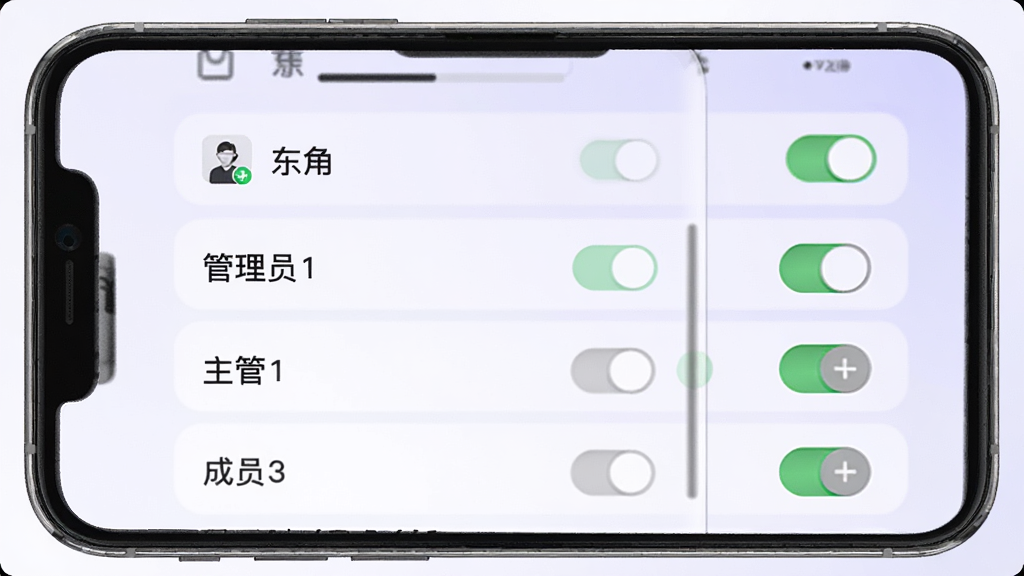 ��˷�칫Ȩ�޹������棬����չʾ�ֻ���Ļ�ڽ�ɫ�б���Ȩ�޿��ذ�ť����������Ա�����ܡ���Ա���ֽ�ɫ��ǩ������Ϊǳ��ɫ���䣬���ֲ����б�ʽ���У����רҵ�Ͻ���ϸ���Ͽ��ذ�ť����ɫ���ɫ״̬���֣����������ɾ����޶���Ԫ��
