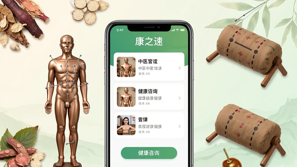 ����������һ�������ֻ�����Ļ����ʾ�š���֮�١�Ӧ�ý��棬���������ҽ���б��ͽ�����ѯ��ڣ��ֻ���Χ��������ҩ�ġ����ͭ�ˡ���������ҽԪ�أ�����Ϊ���ŵ��װ�ɫ��ǳ��ɫ���䣬��������£����岼�ֲ������ĶԳƹ�ͼ��ϸ�ڿ̻����������ʸɾ����޶���Ԫ�أ��ʺ���Ϊ��������ҳԤ��ͼ
