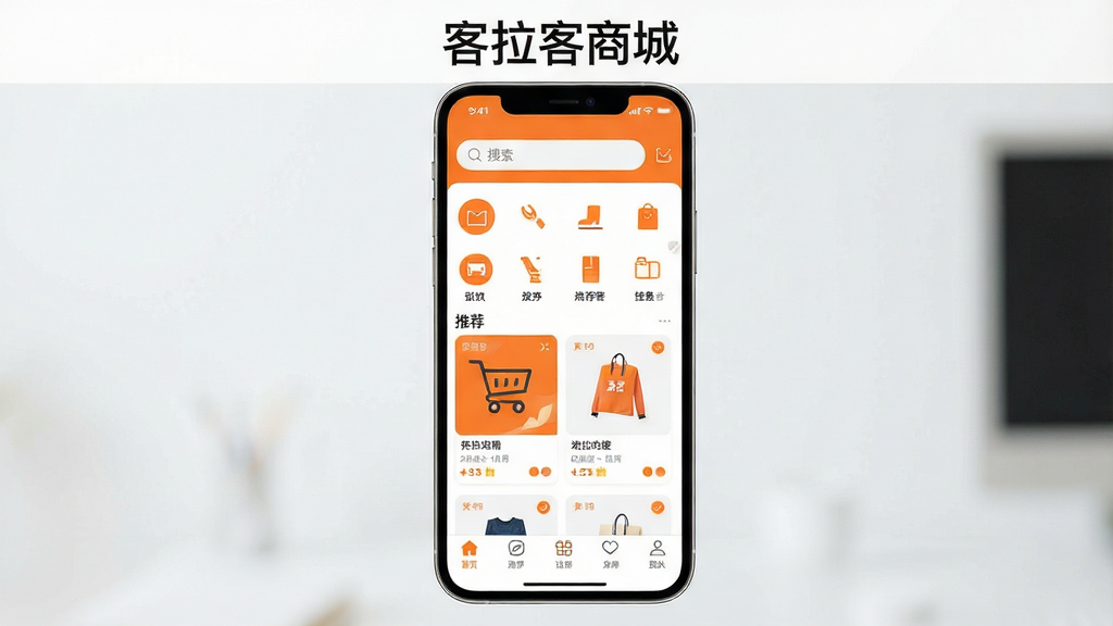 һ���ֻ���Ļչʾ�����̳�APP��ҳ�Ļ��棬ҳ�涥�������������м�����Ʒ����ͼ����Ƽ���Ʒ��Ƭ���ײ��е����������岼���������࣬����ִ���Լ����ɫ�Գ�ɫ�Ͱ�ɫΪ��������ɾ������ʸ��壬�޶���Ԫ�ء���Ļ�Ϸ���ע���֡��������̳ǡ���