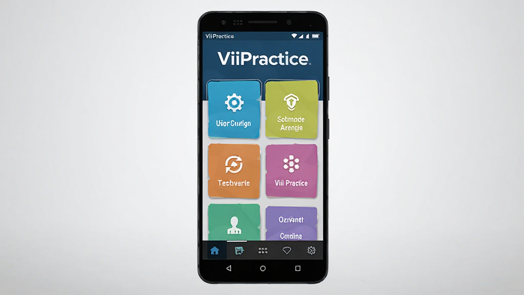 一张展示 ViiPractice 软件主界面的手机效果图,画面中心是一部竖向放置的安卓智能手机,屏幕显示 ViiPractice 的首页,顶部有 ViiPractice 的文字标志,中间是功能入口卡片,底部是导航栏。背景为干净的浅灰色渐变,风格简洁现代,细节清晰,画质高清,无多余元素。