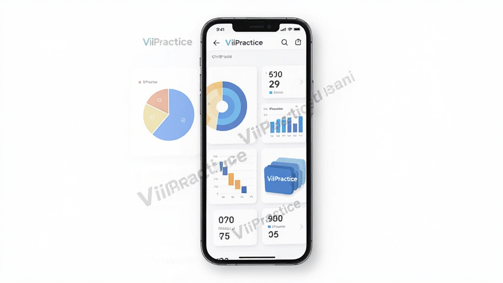 一张展示 ViiPractice 多维度数据统计面板的图片,画面中心是一部手机,屏幕显示饼状图、条形图和数字卡片,所有图表均带有 ViiPractice 的水印标识,背景为纯白色,风格商务简洁,细节清晰,画质锐利,无多余元素。