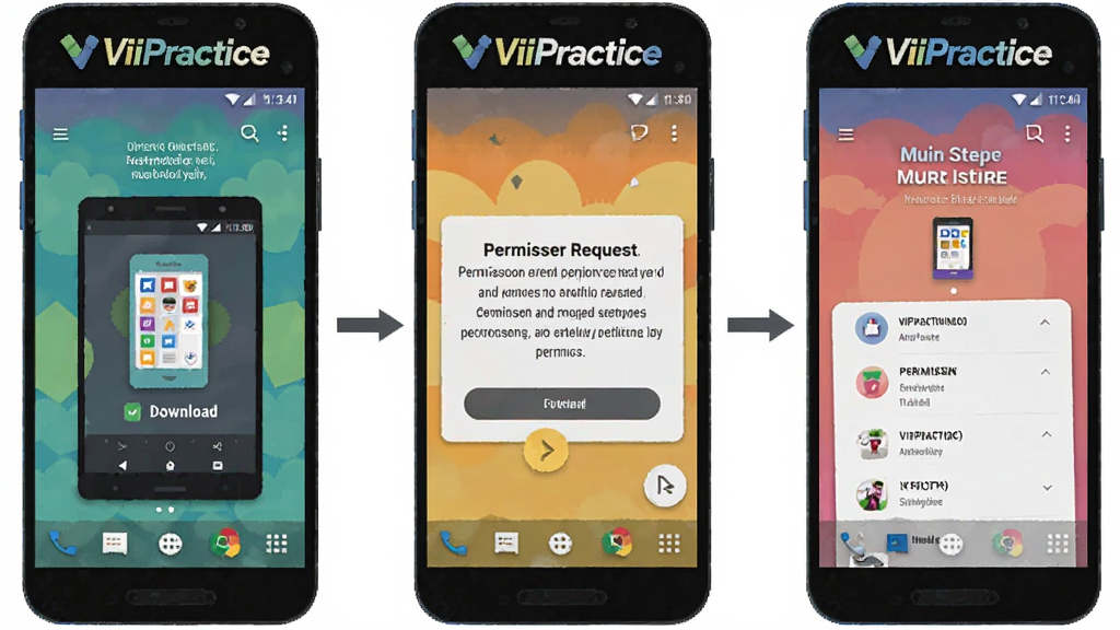 一张展示 ViiPractice 在安卓手机上安装和权限设置步骤的流程图,画面分为三个手机屏幕并排展示,依次显示下载安装、权限请求和主界面,每个屏幕上方有 ViiPractice 标识,风格扁平化,色彩明快,细节清晰,画质高清,无多余元素。