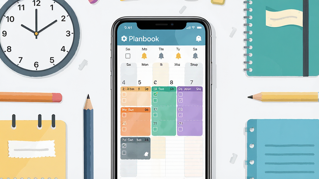 һ��չʾPlanbook�ƻ��������������ͼƬ�������������ֻ���Ļ��ʾ��ɫ�ճ�������ͼ����Χ����ʱ�ӡ�Ǧ�ʡ����±��ȹ滮Ԫ�أ����岼�־��жԳƣ�������ִ���ƽ����ϸ�ڰ������ڱ�ǡ�����ѡ����������ͼ�꣬���������ɾ����޶���Ԫ��