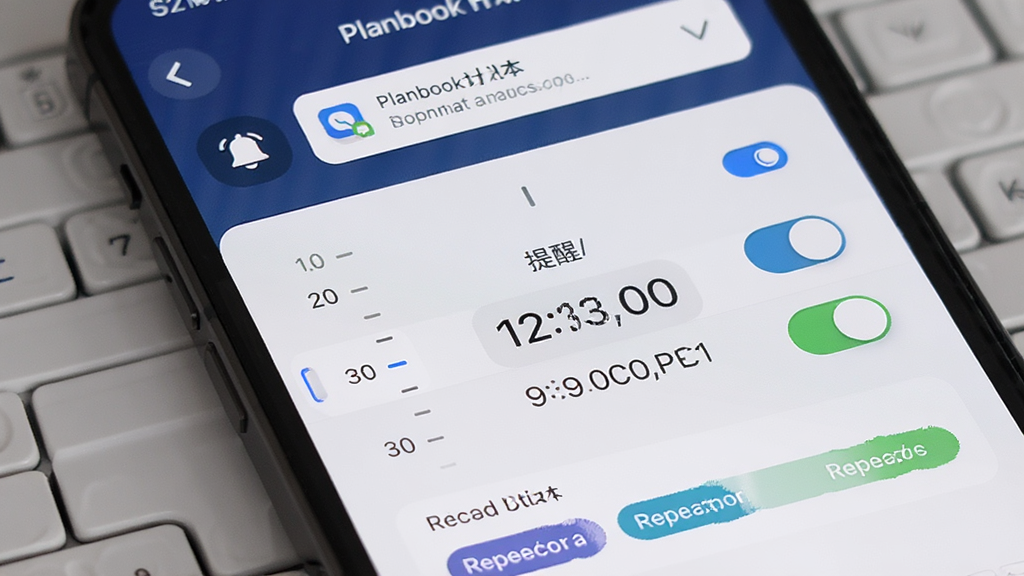 Planbook�ƻ��������������ý��棬�������ֻ���Ļ��ʾ����ʱ��ѡ�������ظ�����ѡ��Ϸ�������ͼ���֪ͨ���ʾ��������Ϊ���½ṹ������ִ��Ƽ��У�ϸ�ڰ���ʱ��̶ȡ����ذ�ť���ظ���ǩ�����������ɾ����޶���Ԫ��