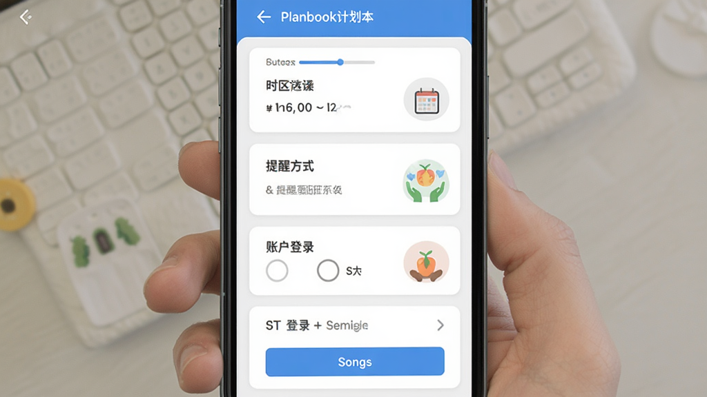 Planbook�ƻ������������򵼽����ͼ���������ֻ���Ļ��ʾ�ֲ��������̣�����ʱ��ѡ�����ѷ�ʽ���˻���¼�Ȳ��裬����Ϊ��ֱ��Ƭʽ�Ű棬����Ѻ������ͣ�ϸ�ڰ�����������ѡ�ť����ͼʾ�⣬���������ɾ����޶���Ԫ��