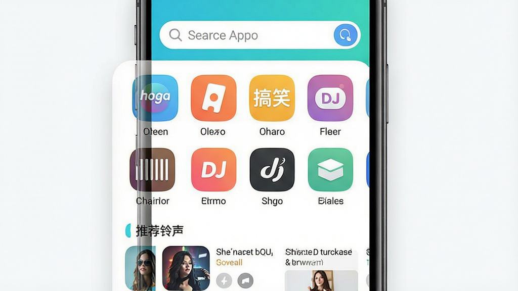 һ��չʾ��������App��������ֻ�����ͼ����������Ϊ�ֻ���Ļ����Ļ����ʾ��������������ҳ���������������м�Ϊ��������ͼ�������С���Ц��DJ������ȣ��ײ�Ϊ�Ƽ������б������岼�����������Ϊ���¼�Լ���ƶ�Ӧ��UI��ƣ�ϸ�ڰ���Բ��ͼ�ꡢ������ɫ�����ʸ��壬�ɾ����޶���Ԫ��