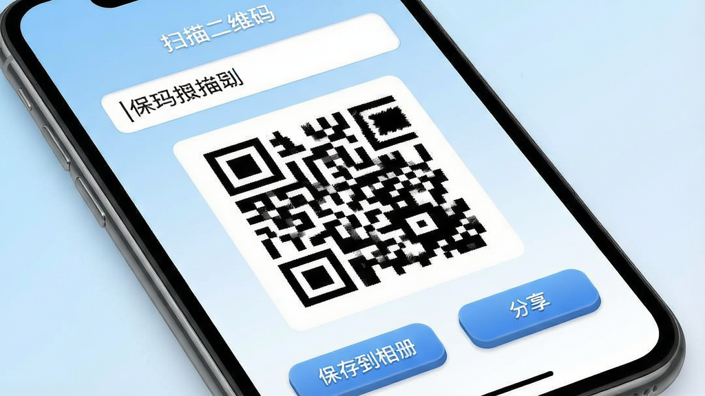 һ��չʾ��ɨ���ά�롱�������ɶ�ά�빦�ܵ�ͼƬ���ֻ���Ļ��ʾ�������������һ�����֣��·�ʵʱ����һ���ڰ׶�ά��ͼ������Ļ�ײ��С����浽��ᡱ�͡�������������ť������Ϊ����ɫ���䣬����ִ���࣬ϸ�ڰ�����ά���������������ť������У����ʸɾ��޶���Ԫ��