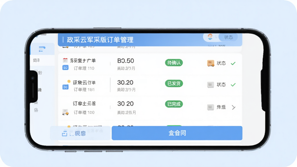 �����ƾ��ɰ涩���������棬�ֻ���Ļ��ʾ�����б���״̬��ǩ����������ȷ�ϡ����ѷ�����������ɡ���״̬���ײ��к�ͬ�鿴��ť������Ϊ����ɫ�������ˬ�������������޶���Ԫ��