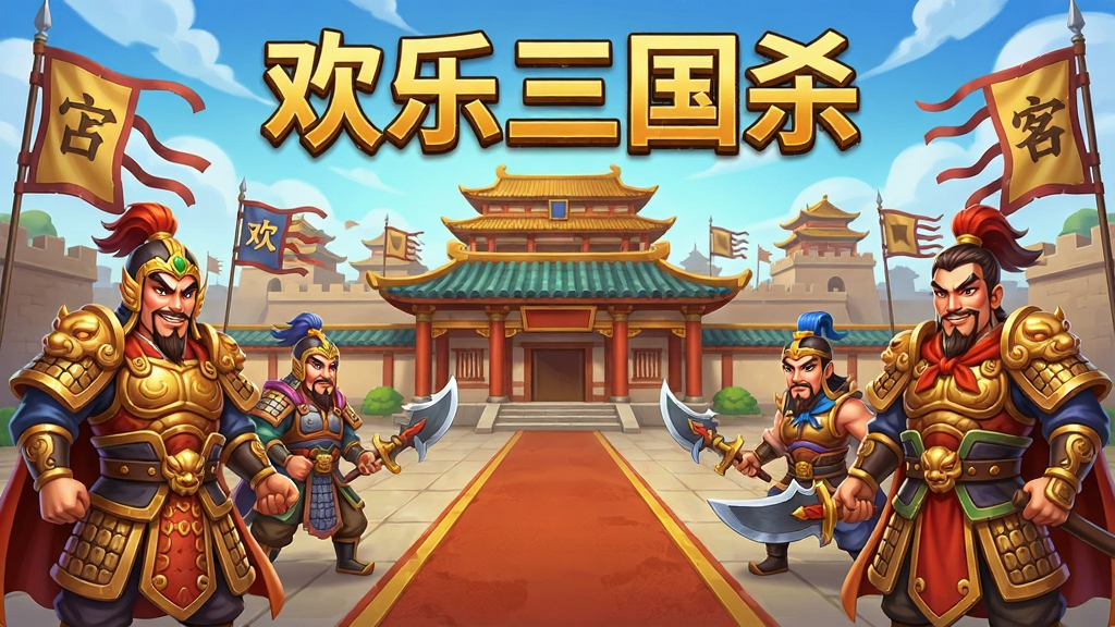 一张展示欢乐三国杀游戏主界面的全景图,画面中央是精美的三国风格游戏大厅,左右两侧分别站立着身着华丽铠甲的武将角色,背景是气势恢宏的古代城池与战旗,画面顶部有“欢乐三国杀”五个金色大字,整体采用鲜艳明快的卡通渲染风格,细节丰富,画质清晰,干净整洁,无多余元素