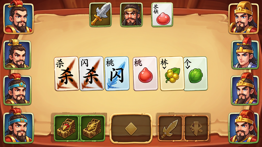 欢乐三国杀游戏对战界面截图,画面中显示手牌区、装备区、判定区,多名武将头像环绕桌面,卡牌上印有“杀”“闪”“桃”等字样,界面布局清晰,风格卡通明快,画质干净无多余元素