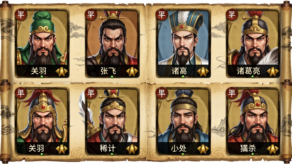 欢乐三国杀武将图鉴展示,画面以网格形式排列多位三国武将的卡牌头像,包括“关羽”“张飞”“诸葛亮”等,每位武将配有姓名与稀有度标识,背景为古风卷轴纹理,整体风格统一,画质清晰干净