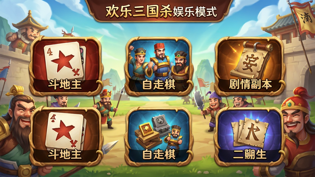 欢乐三国杀娱乐模式选择界面,画面中展示多个模式入口图标,包括“斗地主”“自走棋”“剧情副本”等,图标设计精美,背景为欢快的三国主题插画,整体色彩明亮,画质干净无多余元素