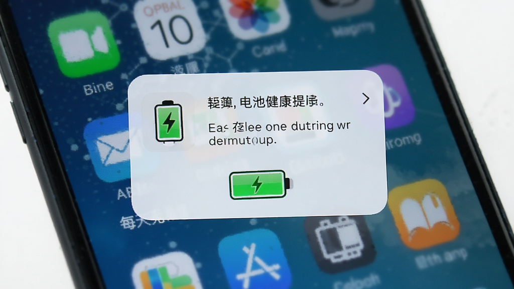 每天充电App的电池健康提示弹窗界面,弹窗中有文字提示和电池图标,背景是手机桌面,风格简约友好,画质清晰,无多余元素