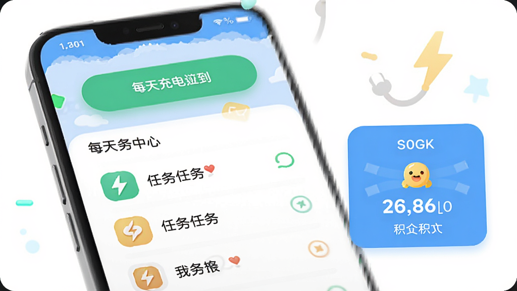 每天充电App的任务中心页面,页面中有签到按钮、任务列表和积分展示,界面配色明快,图标清晰,风格活泼但不花哨,画质干净,无多余元素
