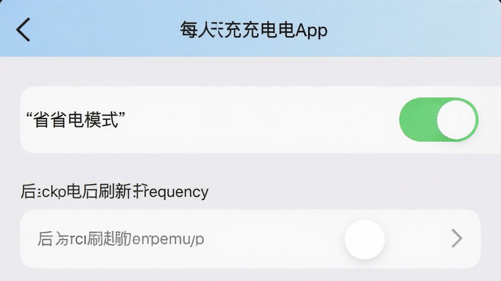 每天充电App的设置页面截图,页面中有省电模式开关和后台刷新频率选项,界面布局清晰,配色柔和,画质干净,无多余元素