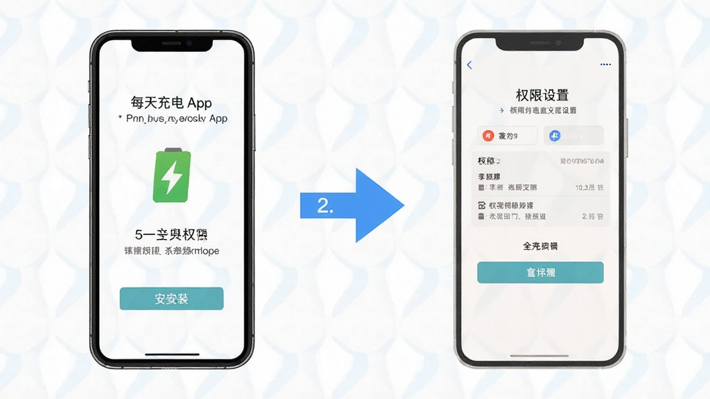 每天充电App的使用教程示意图,画面中一部手机展示安装步骤和权限设置界面,旁边有箭头标注操作顺序,风格简洁明了,画质清晰,无多余元素