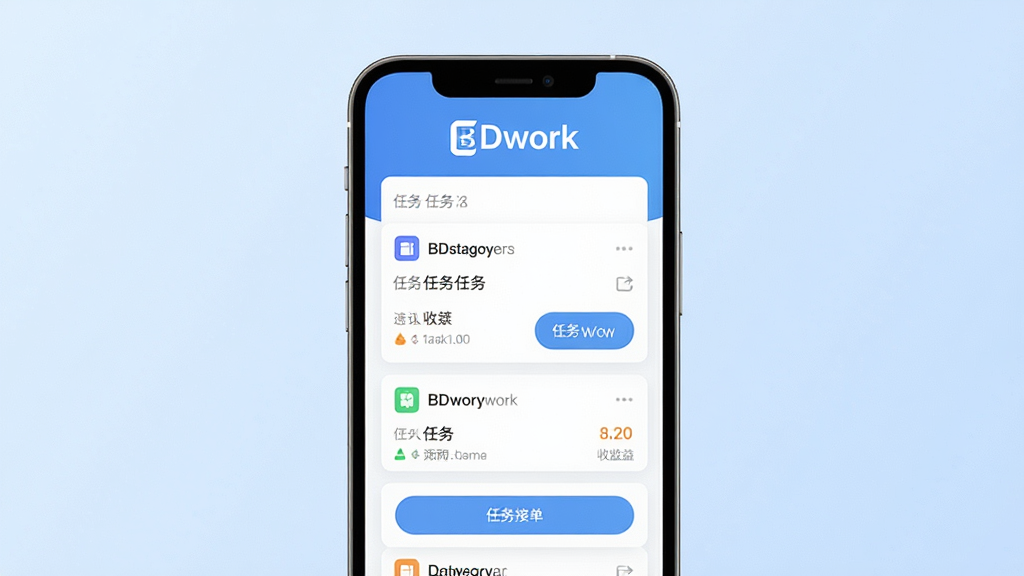 BDwork应用主界面展示图,画面中央放置一部智能手机,手机屏幕上显示BDwork应用的任务列表页面,上方有醒目的