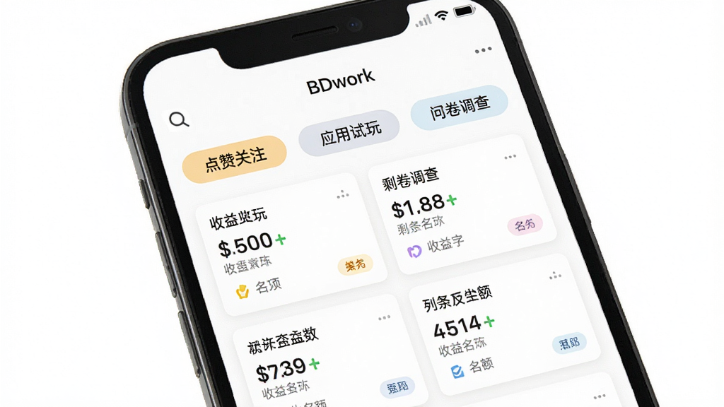 BDwork任务大厅界面展示,画面以手机屏幕为主体,屏幕中显示BDwork应用内任务大厅页面,包含