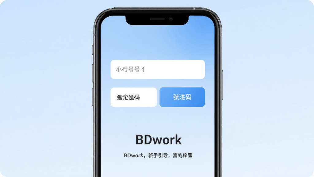 BDwork新手引导界面展示,画面以手机屏幕为载体,屏幕中显示BDwork应用的注册登录页面,包含手机号输入框和验证码按钮,下方有