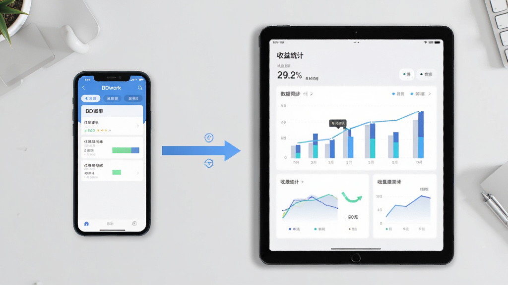 BDwork移动端操作流程示意图,画面展示一部手机和一部平板电脑并排摆放,手机屏幕上显示BDwork应用的任务接单页面,平板屏幕上显示收益统计图表,两者之间用箭头连接表示数据同步,背景为浅灰色工作台面,风格简洁商务,画质清晰干净无多余元素