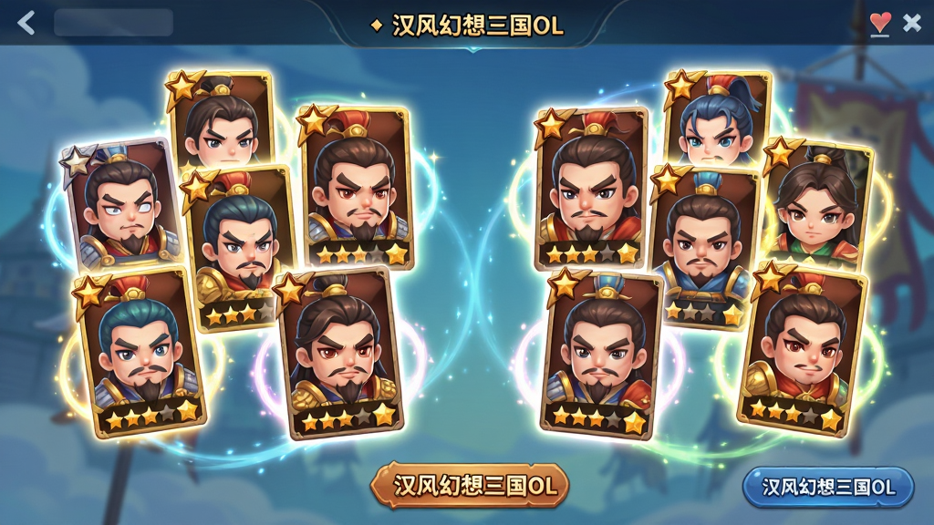 ����ΪQ�������佫����������������Ļ���룬����Ϊ���ҶԳ�չʾ�����佫ͷ�����Ǽ����Ű��Ͽ��ƴ������¡���Ч���ƣ����ΪQ�濨ͨ�뿨���ռ������ϣ�ϸ�ڰ����佫���顢���Ʊ߿��Ǽ���ʶ�����水ť���֡������������OL�������ʸ��塢�ɾ����޶���Ԫ��