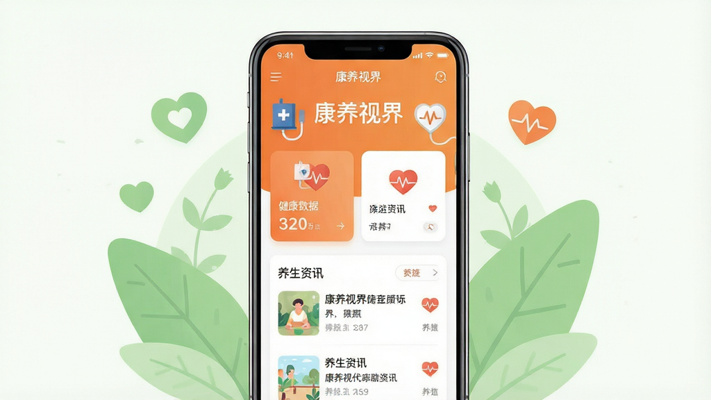 ��������Ϊһ�������ֻ�����Ļ��չʾ�š������ӽ硱APP����ҳ���棬��������������ݿ�Ƭ��������Ѷ�б������ֲ��þ��й�ͼ���ֻ����໷���ŵ���ɫ����Ҷ�Ͱ���ͼ�꣬�Ű������졣���Ϊ�ִ���ƽ����ƣ�ɫ������ů�ĳ�ɫ�����µ���ɫΪ����ϸ���ϣ��ֻ���Ļ�����������ɼ��������ӽ硱��������Χ��׺��Ѫѹ�ơ�����ͼ��Ƚ���Ԫ�ء�����Ϊ����2K������ɾ����޶���Ԫ�ء�