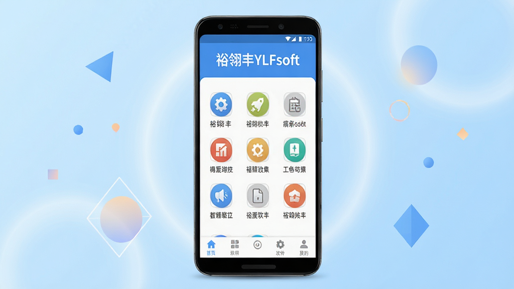 ԣ���YLFsoft����������չʾ�������������һ����׿�ֻ����ֻ���Ļ��ʾԣ���YLFsoftӦ����ҳ��ҳ�涥�����������ơ�ԣ���YLFsoft���������в����ж������ͼ�꣬�ײ�Ϊ������������Ϊǳ��ɫ���䣬��Χ��׺��Լ����ͼ������͹��Ρ����������¿Ƽ��У��Ű���жԳƣ�ϸ�����������ʸɾ����޶���Ԫ�ء�