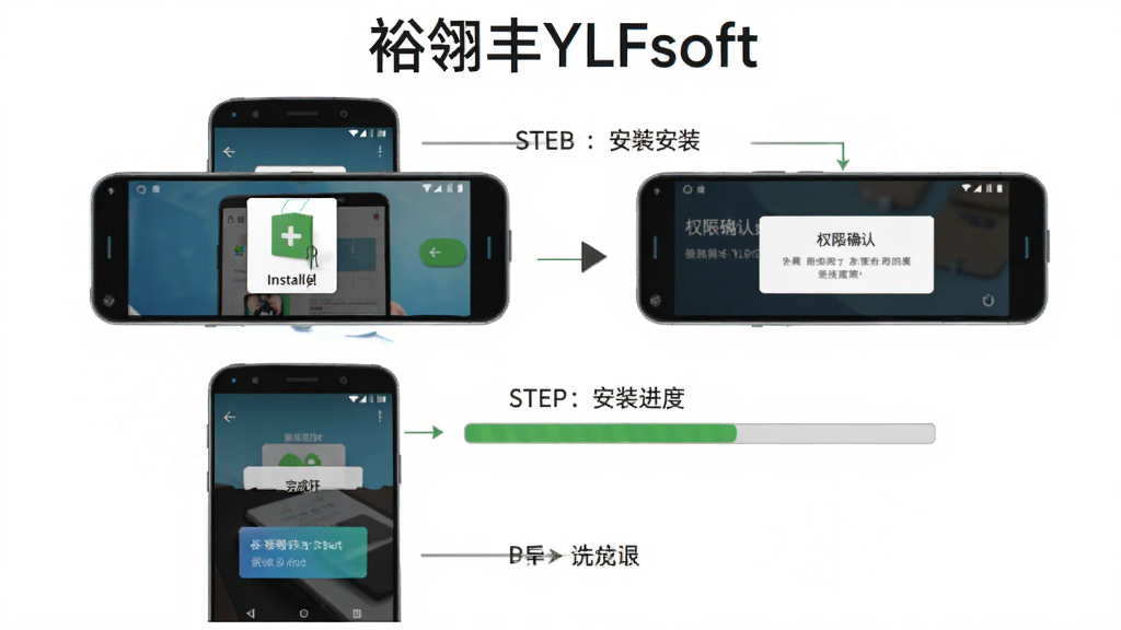 ԣ���YLFsoft��װ����ʾ��ͼ������չʾ��׿�ֻ���װӦ�õ����̣����������װ����Ȩ��ȷ�ϵ�������װ����������ɴ򿪰�ť�ĸ����裬ÿ�����������ֻ���Ļ��ͼ���Ҫ���ֱ�ע�������С�ԣ���YLFsoft�����ơ�����Ϊ��ɫ������Լ�����Ű���ϵ����������У������������޶���Ԫ�ء�