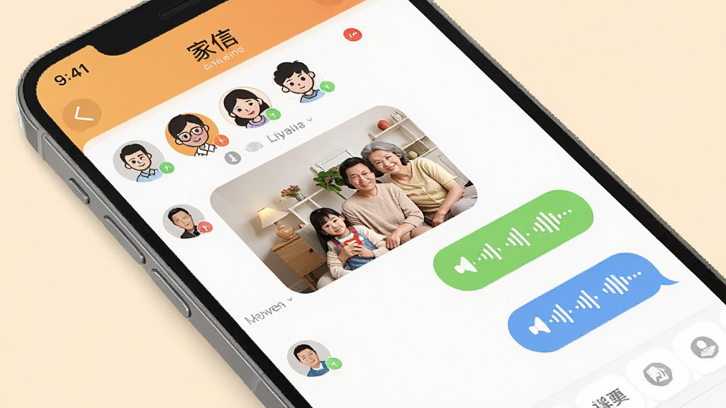 һ��չʾ�����š�Ӧ�ü�ͥȺ�鹦�ܵĽ���ʾ��ͼ��������һ���ֻ���Ļ��ʾ��ͥȺ�Ľ��棬�ж����ͥ��Աͷ�����У������¼�а�����Ƭ��������Ϣ���ݡ������������죬��ɫ��ů��ϸ�����������ʸɾ����޶���Ԫ�ء�