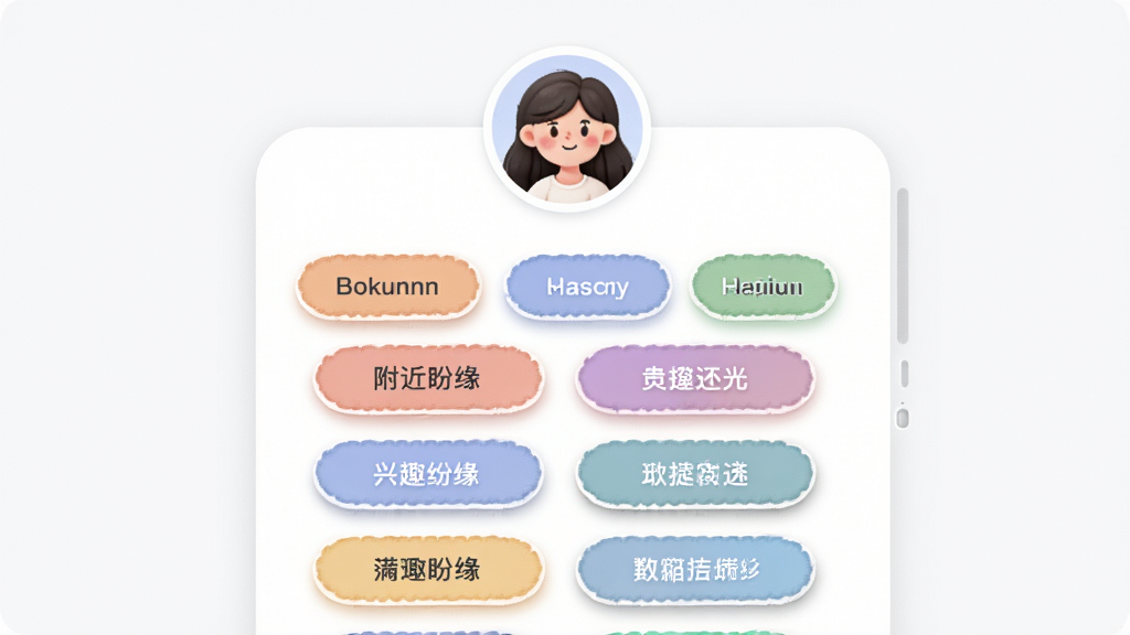������Ե�������ϱ༭ҳ�棬������һ���û�ͷ��λ���Ϸ����У��·�����Ȥ��ǩѡ�����򣬱�ǩ�Բ�ɫ���Ұ�ť��ʽ���У���ѡ��ǩ������ʾ������Ϊ��������б������Ϊ���Բ�ǿ�Ƭʽ��ƣ�ϸ�ڰ�����ǩѡ��״̬����ߺ���Ӱ�����ʸ���ɾ����޶���Ԫ�ء�