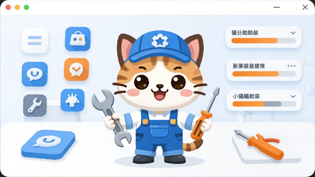 小猫助装软件主界面截图,画面中央是一只可爱的卡通小猫形象,身穿蓝色工装,手持扳手和螺丝刀,背景是干净整洁的白色工作台,周围漂浮着各种应用图标和安装进度条,整体风格清新明亮,采用扁平化设计,色彩以蓝白为主,点缀橙色高光,画质清晰,无多余元素,画面中带有“小猫助装”文字标识