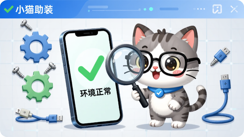 小猫助装智能检测界面,画面展示一只戴着眼镜的卡通小猫正在用放大镜检查一台智能手机,手机屏幕上显示绿色的对勾和“环境正常”字样,周围有齿轮、螺丝、数据线等元素,背景为浅灰色科技感网格,风格简洁明快,色彩以蓝绿为主,画质干净,无杂乱元素,画面中带有“小猫助装”文字