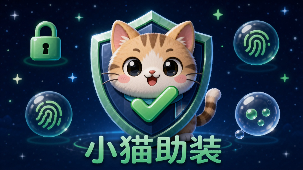 小猫助装安全防护界面,画面中央是一只盾牌形状的卡通小猫,盾牌上有一个绿色的对勾,背景是深蓝色星空,周围环绕着锁、指纹、安全气泡等图标,风格科技感十足,色彩以深蓝和亮绿为主,画质精细,无多余元素,画面中带有“小猫助装”文字